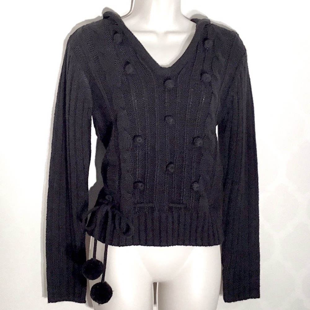 BLACK HOODED SWEATER WITH POM POM TIE